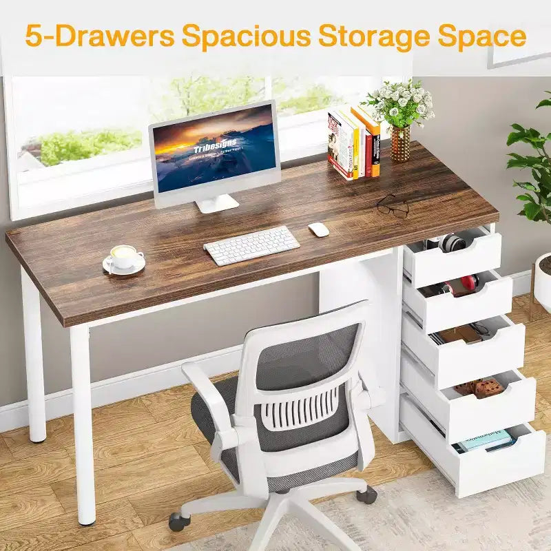 Bureau d'ordinateur Lantine avec 5 tiroirs, bureau moderne et simple de 119 cm pour la maison, le bureau et l'étude, idéal pour les petits espaces