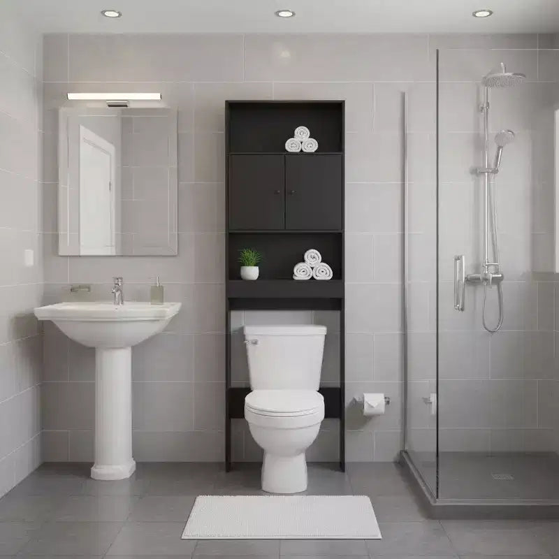 FurnitureR Meuble de Rangement Au-Dessus des Toilettes, Étagère de Rangement de Salle de Bain à 3 Niveaux avec Deux Portes et Rangement Ouvert, Meuble Autoportant pour Salle de Bain, Hauteur 194 cm