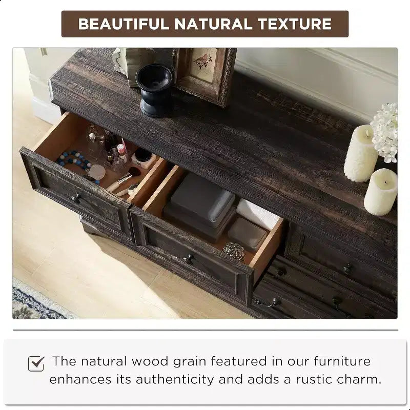 Commode 7 tiroirs de 54 po pour chambre à coucher, coffre de rangement rustique vintage pour salon et couloir