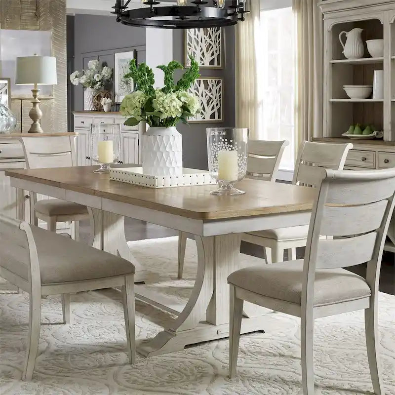 Ensemble de salle à manger avec table à tréteaux 6 pièces "Farmhouse Reimagined" blanc antique et châtaigne