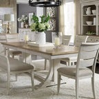 Ensemble de salle à manger avec table à tréteaux 6 pièces "Farmhouse Reimagined" blanc antique et châtaigne