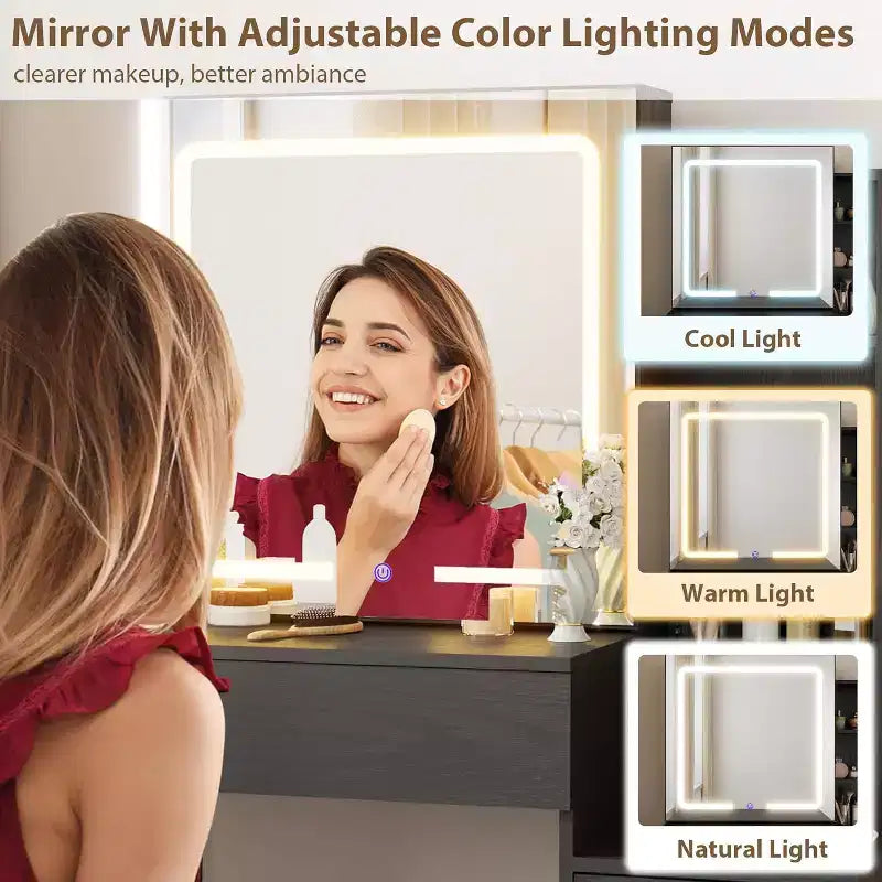 Coiffeuse moderne DobleePy avec miroir coulissant et lumières LED, 4 tiroirs, 7 étagères, station de recharge et tabouret, table de maquillage pour chambre à coucher