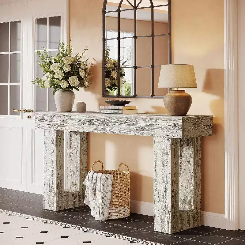 Console de ferme de 63 po, table d'appoint rectangulaire en bois blanc vieilli pour entrée, couloir et salon.