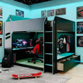 Lit mezzanine avec bureau réglable en hauteur, lumières RVB et rangement, lit gain de place pleine grandeur pour adolescents et adultes