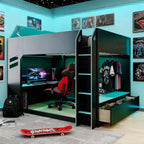 Lit mezzanine avec bureau réglable en hauteur, lumières RVB et rangement, lit gain de place pleine grandeur pour adolescents et adultes