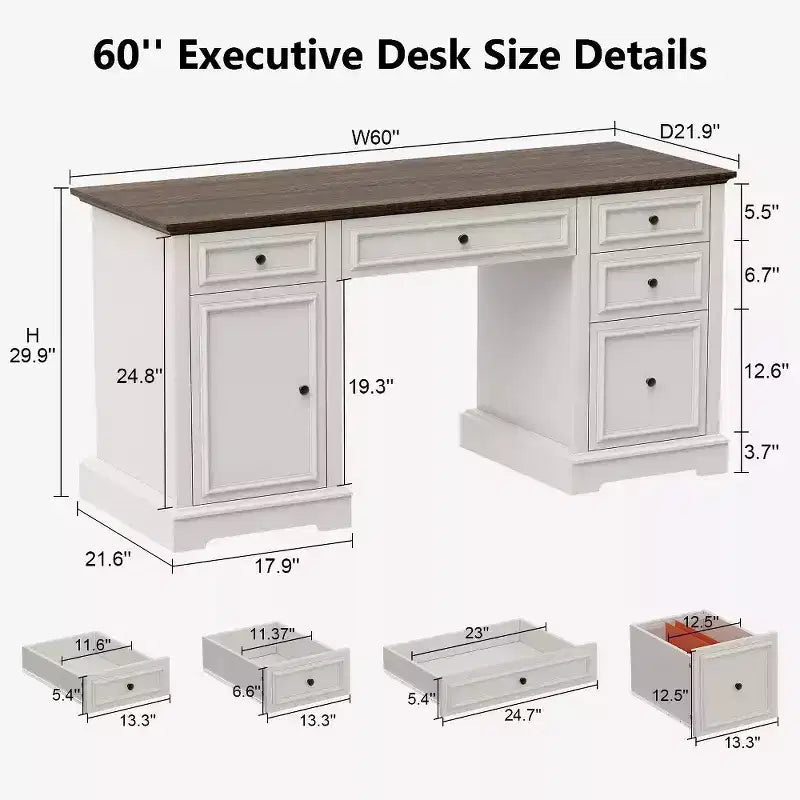 Bureau exécutif 60 po de style campagnard pour bureau à domicile – Bureau d'écriture en bois avec tiroirs, rangement d'armoire, bureau rustique pour le travail et les études