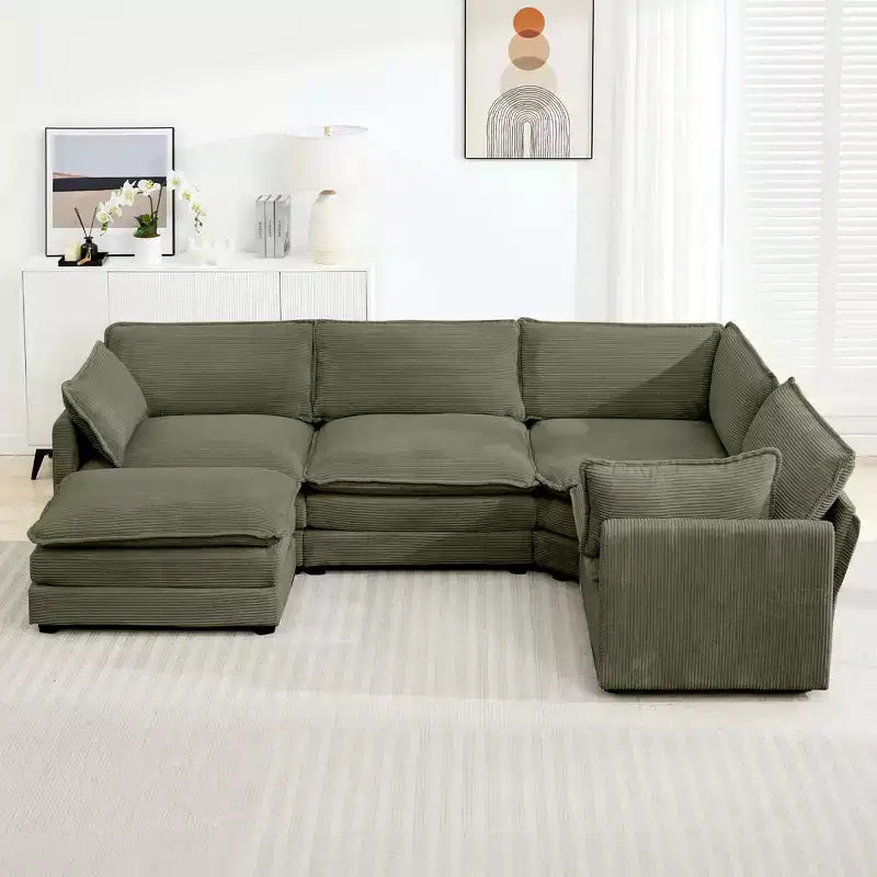 Canapé modulaire moderne 5 places en velours côtelé, surdimensionné, 113,4 po (L) x 79,13 po (l), avec pouf, canapé en U avec coin salon, HYLEORY
