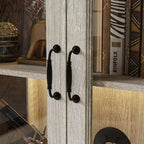 Bibliothèque Famapy Chêne Gris avec Vitrine en Verre et Bande Lumineuse LED, Étagère Haute avec Portes, Vitrine de Rangement