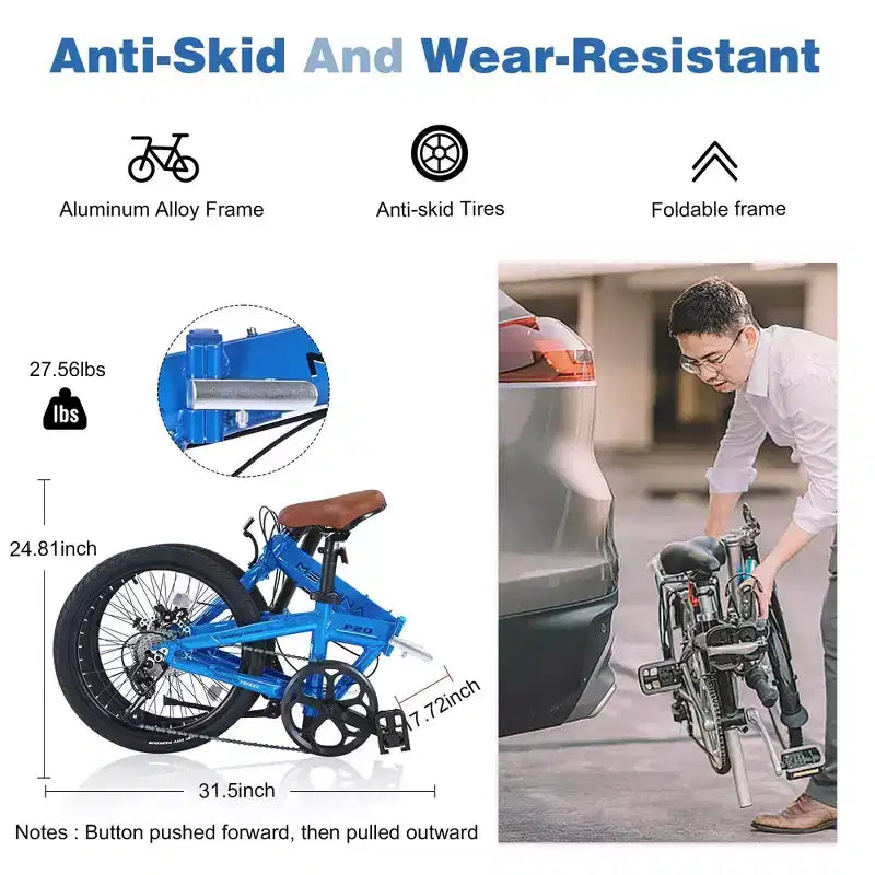 Vélo pliant de ville NAYSAYE 20 pouces, cadre léger en aluminium 7 vitesses pour les trajets quotidiens et les voyages, bleu, 57.09*24.8*39.37