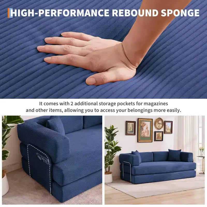 Canapé futon moderne en velours côtelé de 79 po pour petits espaces, canapé-lit convertible 5 en 1 avec accoudoirs et oreillers amovibles