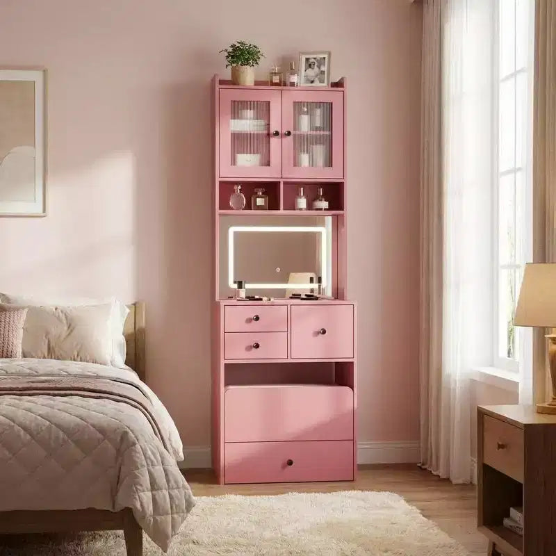 Coiffeuse 3-en-1 avec miroir lumineux, table de toilette compacte avec tiroirs, compartiment de rangement et tabouret roulant pour chambre à coucher
