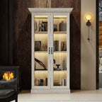 Bibliothèque Famapy Chêne Gris avec Vitrine en Verre et Bande Lumineuse LED, Étagère Haute avec Portes, Vitrine de Rangement