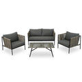 Ensemble de patio en corde d'extérieur 4 pièces pour 4 personnes avec coussins et table en verre