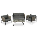 Ensemble de patio en corde d'extérieur 4 pièces pour 4 personnes avec coussins et table en verre