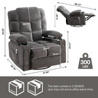 Fauteuil inclinable gris surdimensionné avec fonctions de chauffage et de massage, inclinaison à 150°, bascule à 30°, port USB pour la recharge et 2 porte-gobelets
