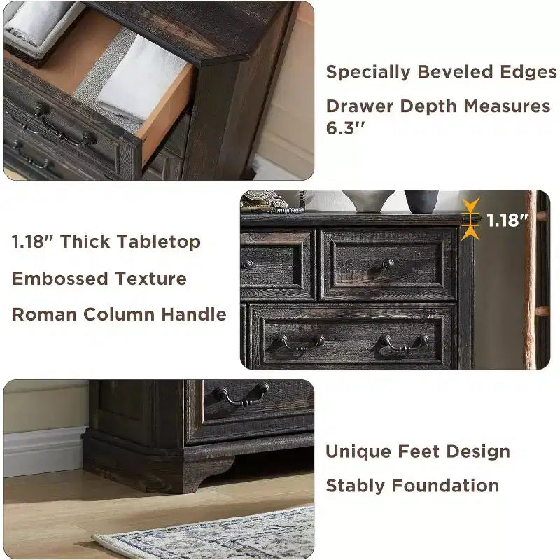 Commode 7 tiroirs de 54 po pour chambre à coucher, coffre de rangement rustique vintage pour salon et couloir