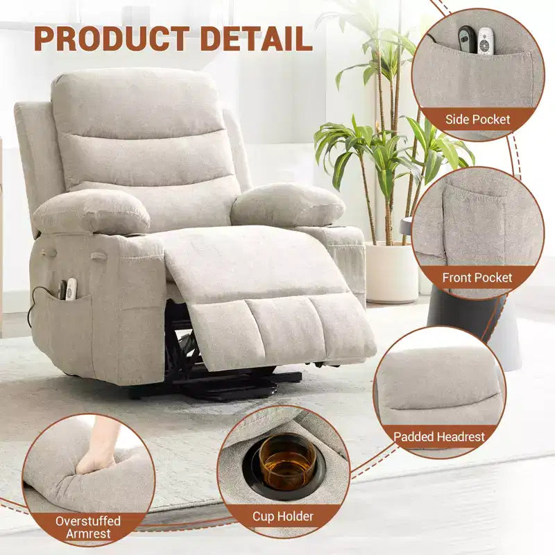Fauteuil inclinable releveur avec massage et chauffage, fauteuils inclinables électriques surdimensionnés, siège de cinéma maison avec 2 porte-gobelets latéraux, fauteuil simple inclinable à bascule