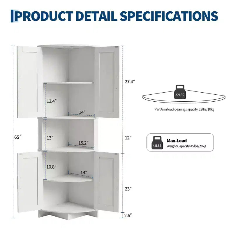COZONY Meuble d'angle de ferme 65" avec portes et étagères réglables, Armoire de rangement d'angle haute pour cuisine et salon