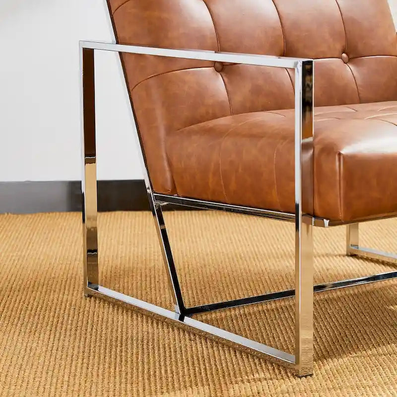 Glitzhome Fauteuil d'appoint touffeté en cuir PU crème, style milieu de siècle, 77,5 cm de hauteur, avec cadre chromé