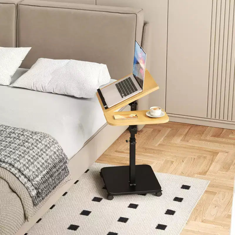 1 Table d'appoint en C, Table de lit à roulettes réglable en hauteur, Table de canapé multi-usage et Bureau d'ordinateur portable pour petits espaces