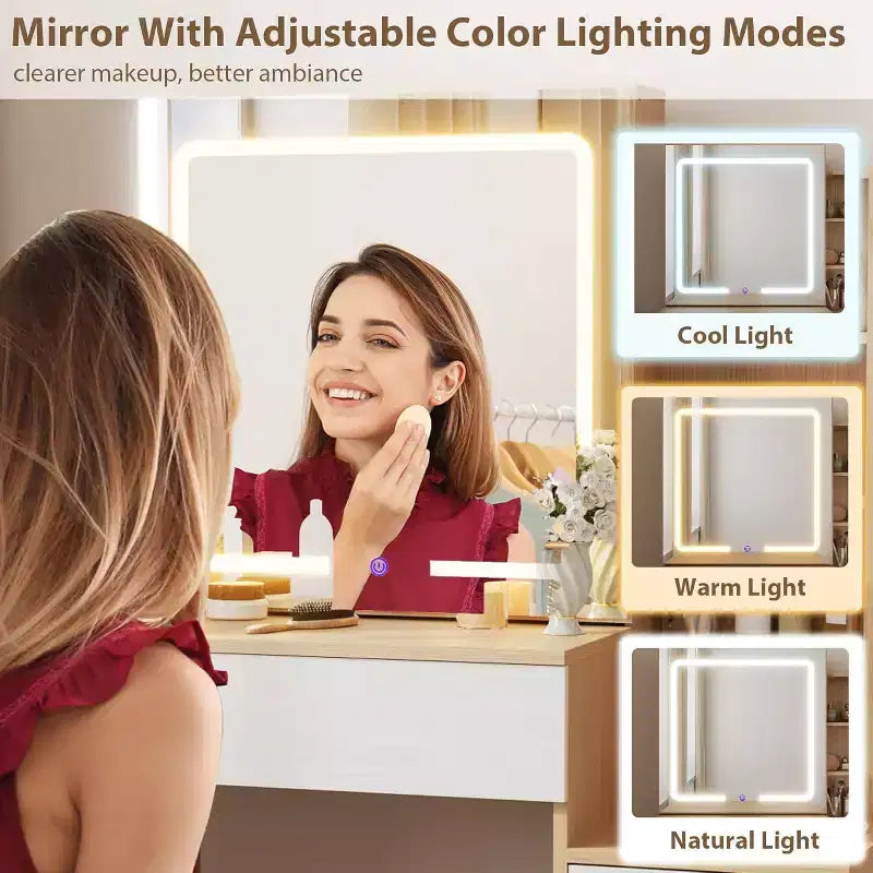 Coiffeuse moderne DobleePy avec miroir coulissant et lumières LED, 4 tiroirs, 7 étagères, station de recharge et tabouret, table de maquillage pour chambre à coucher