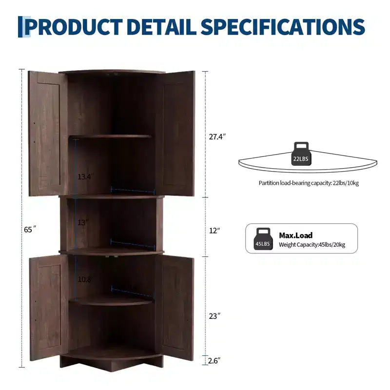 64,8" Meuble d'Angle Haut avec Portes, Armoire de Rangement d'Angle Marron Style Ferme, Meuble Garde-Manger d'Angle Autonome avec Étagères Réglables
