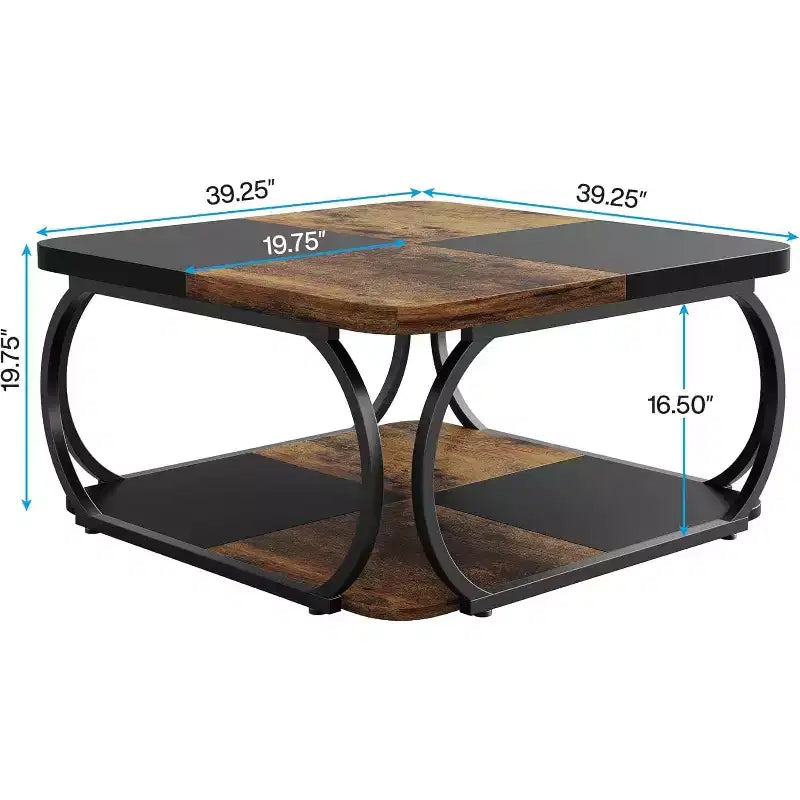 Table basse carrée de 40 pouces à 2 niveaux, table basse de style ferme avec étagère de rangement pour salon, marron rustique noir