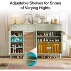 Meuble à chaussures Lantine 6 niveaux moderne bohème avec portes, tiroir et étagère réglable. Design en rotin, vert menthe. Idéal pour l'entrée, le salon.