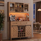 Meuble de bar de ferme 72 po avec porte coulissante de style grange Grand buffet de cuisine avec huche, station de recharge, 2 tiroirs et 8 étagères de rangement Café