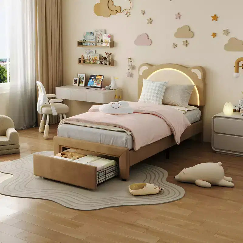 Cadre de lit enfant mignon - Design adorable ourson réglable, revêtement en suède, tiroirs de rangement, lattes en bois massif, conception silencieuse, facile à assembler.