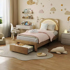 Cadre de lit enfant mignon - Design adorable ourson réglable, revêtement en suède, tiroirs de rangement, lattes en bois massif, conception silencieuse, facile à assembler.