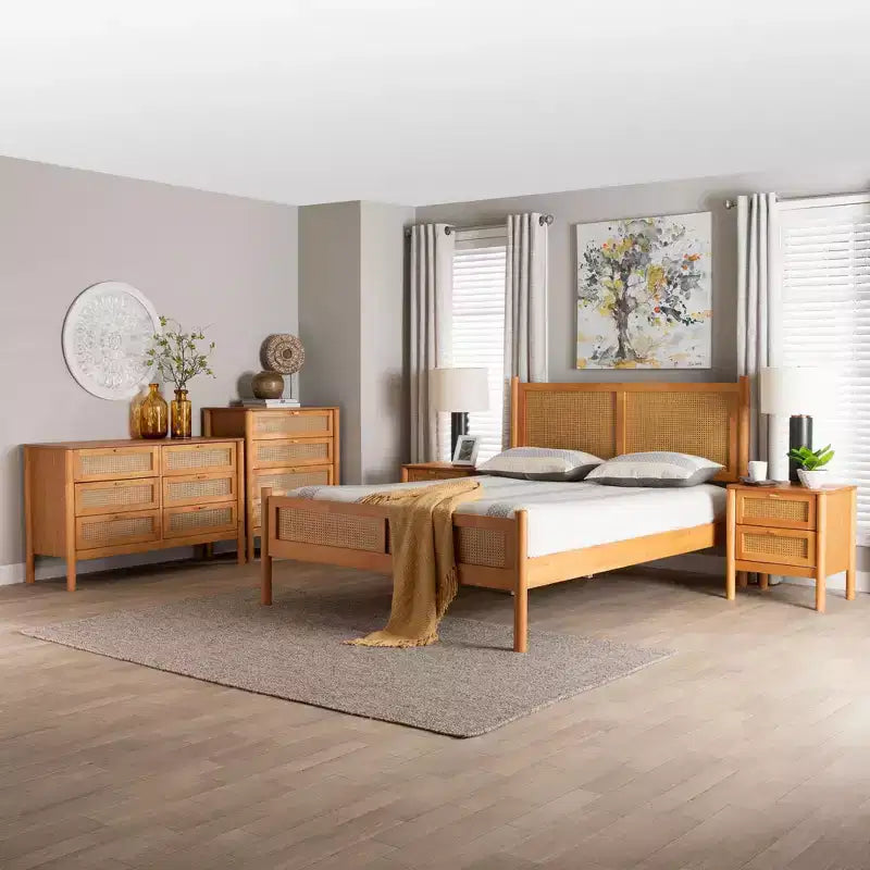 Ensemble de chambre à coucher Japandi 5 pièces Baxton Studio Jenn en bois brun doré, taille grand lit, avec rotin au fini vieilli