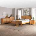 Ensemble de chambre à coucher Japandi 5 pièces Baxton Studio Jenn en bois brun doré, taille grand lit, avec rotin au fini vieilli