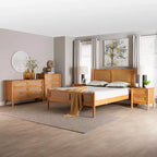 Ensemble de chambre à coucher Japandi 5 pièces Baxton Studio Jenn en bois brun doré, taille grand lit, avec rotin au fini vieilli