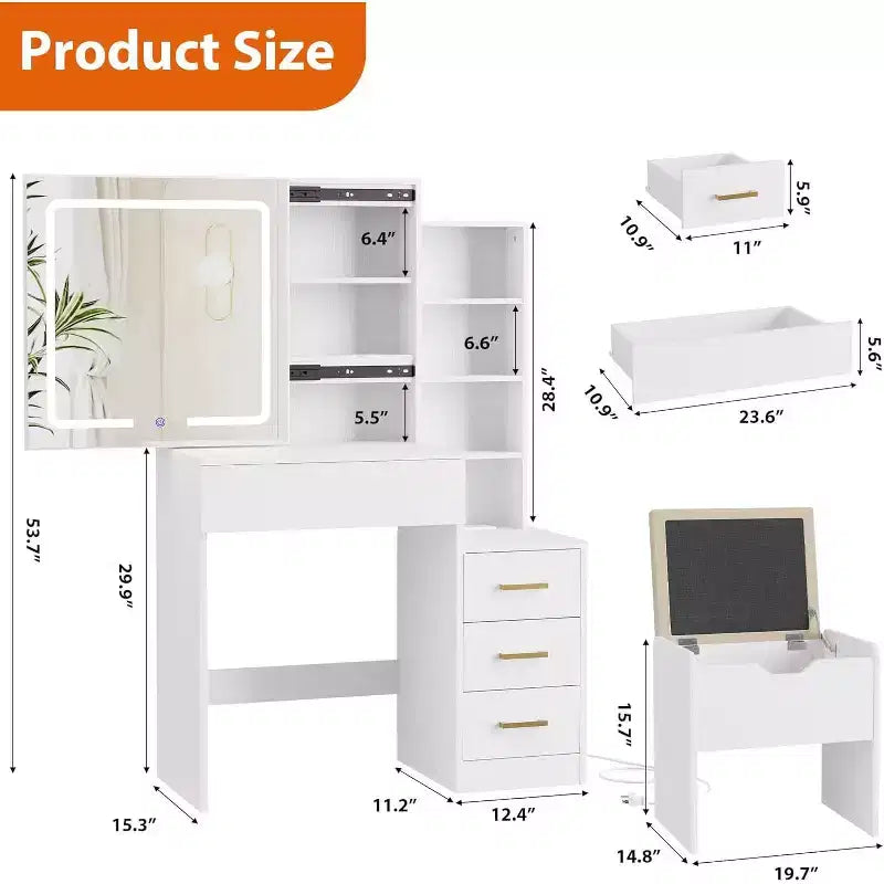 Coiffeuse moderne DobleePy avec miroir coulissant et lumières LED, 4 tiroirs, 7 étagères, station de recharge et tabouret, table de maquillage pour chambre à coucher