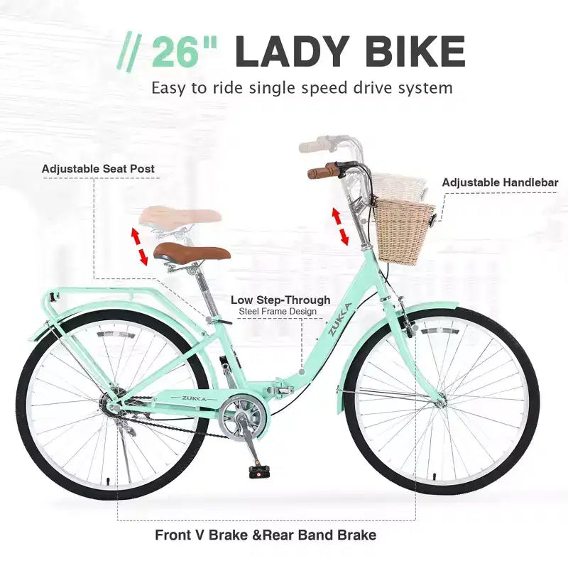 NAYSAYE Vélo Pliant Femme Monovitesse 26 Pouces Cadre en Acier Durable pour un Rangement et des Déplacements Faciles, Vert, 66.93*25.2*40.95