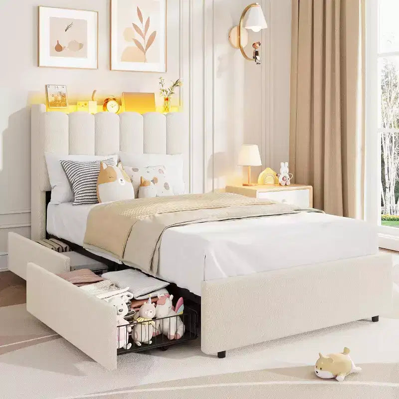 Cadre de lit avec tête de lit de rangement, cadre de lit pour enfant avec 2 tiroirs, lit plateforme capitonné en tissu, tête de lit profilée avec bibliothèque