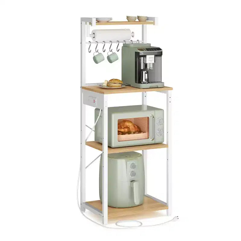 VASAGLE Étagère de Cuisine 4 Niveaux avec Prise Électrique, Meuble de Rangement pour Café avec 8 Crochets en S, Support Micro-Ondes, Étagère Réglable