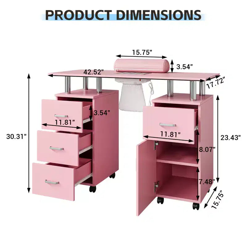 Table de manucure avec collecteur de poussière, roulettes verrouillables, repose-poignet et rangement pour la maison, les prothésistes ongulaires et les salons de beauté