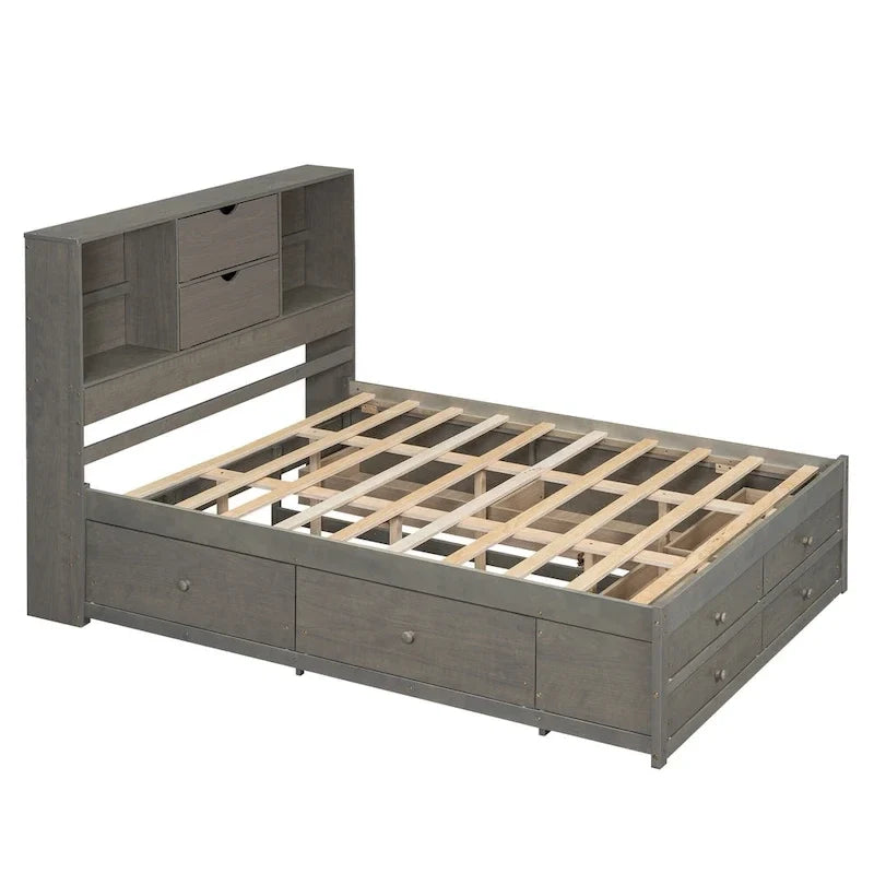 Lit moderne queen size gris en bois avec tête de lit de rangement et 8 tiroirs