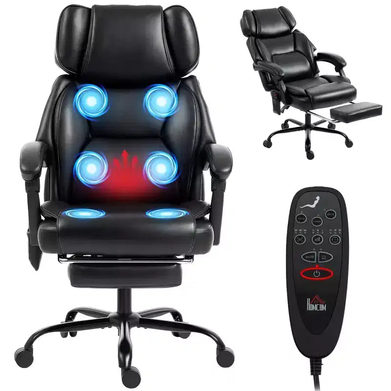 Chaise de bureau de massage vibrante HOMCOM à dossier haut, fauteuil d'ordinateur inclinable et chauffant avec repose-pieds, appui-tête réglable