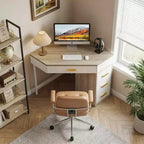 MAYEERTY Bureau d'angle triangulaire 90 avec 4 tiroirs, bureau informatique/coiffeuse