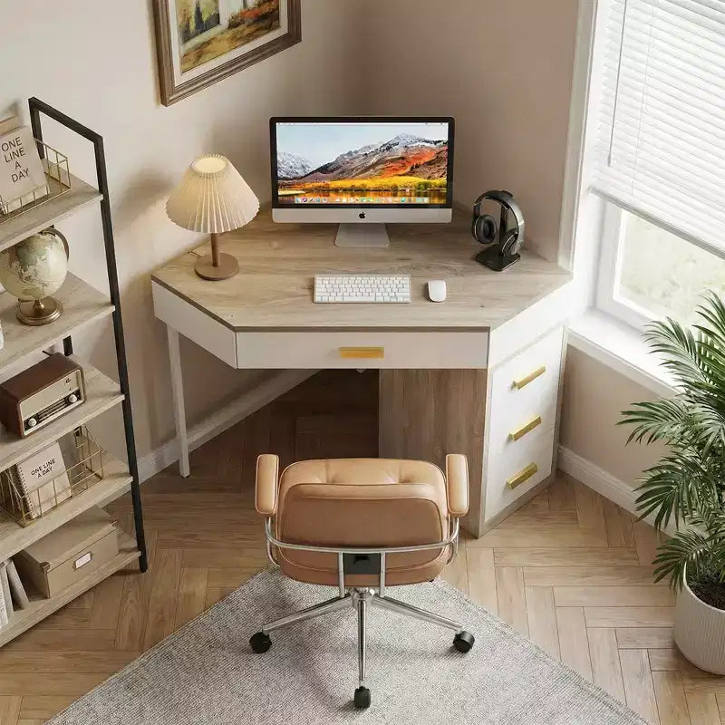MAYEERTY Bureau d'angle triangulaire 90 avec 4 tiroirs, bureau informatique/coiffeuse