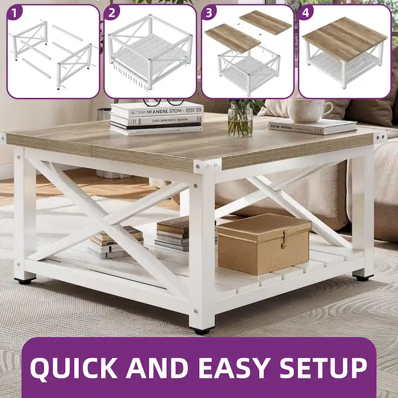 Table basse carrée à plateau relevable Moasis Farmhouse avec étagère de rangement pour salon