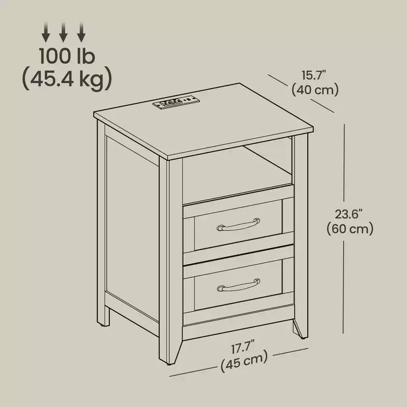Lot de 2 tables de chevet de ferme avec port de chargement USB - Tables de nuit à 2 tiroirs, design rustique et moderne