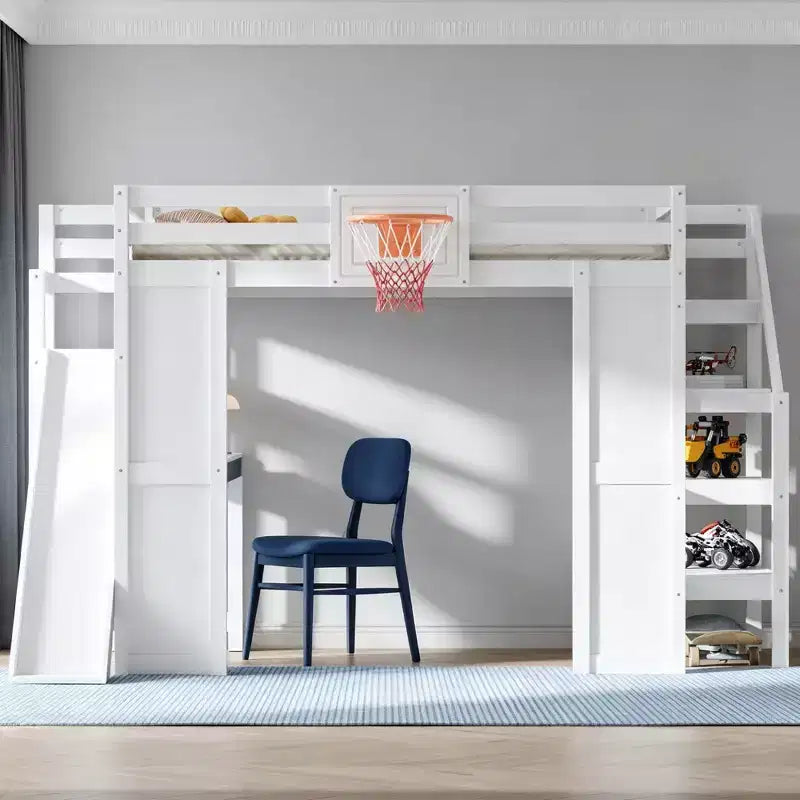 Lit mezzanine en bois massif Luxystar avec bureau, toboggan, panier de basket et escalier de rangement pour enfants et adolescents
