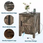 Lot de 2 tables de chevet de ferme avec station de recharge, table de nuit rustique avec porte de grange et étagère réglable, petite table d'appoint pour chambre et salon.