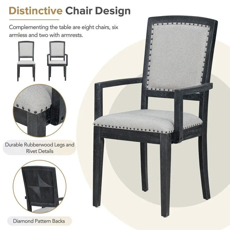 Ensemble de salle à manger extensible 9 pièces avec rallonge amovible de 61 cm, 6 chaises de salle à manger sans accoudoirs rembourrées et 2 fauteuils rembourrés