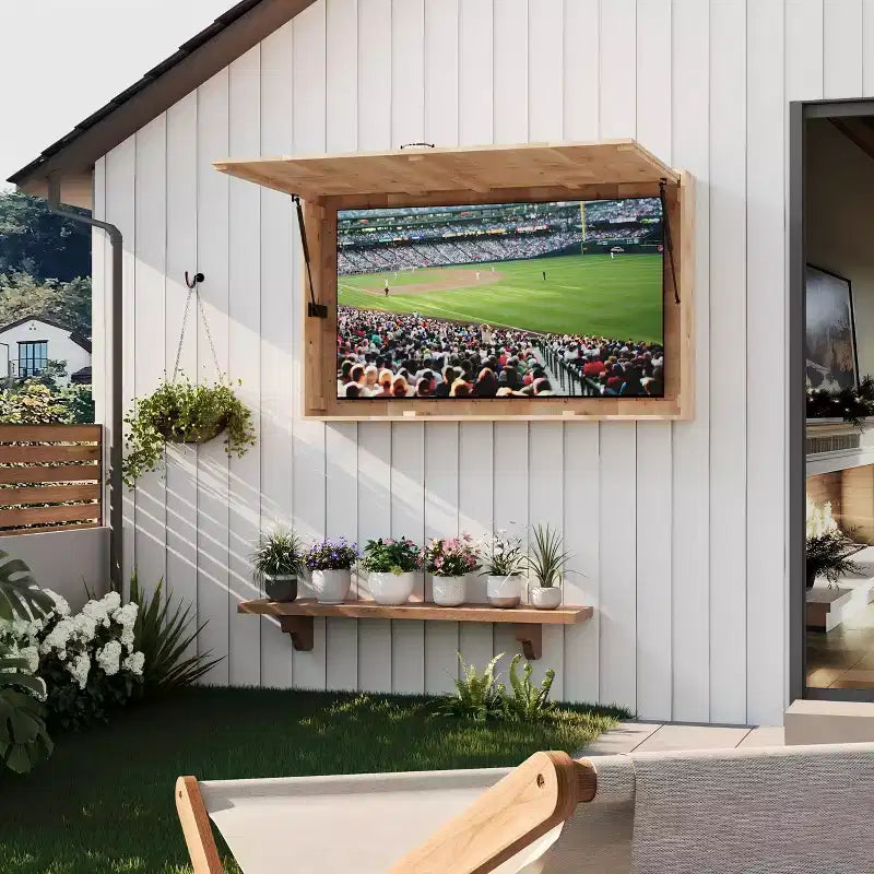 Meuble TV d'extérieur 55 pouces, cache-télévision en bois massif résistant aux intempéries avec support réglable 4D et porte rabattable (convient aux téléviseurs de 44 à 55 pouces)