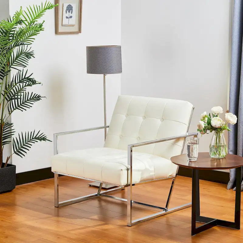 Glitzhome Fauteuil d'appoint touffeté en cuir PU crème, style milieu de siècle, 77,5 cm de hauteur, avec cadre chromé
